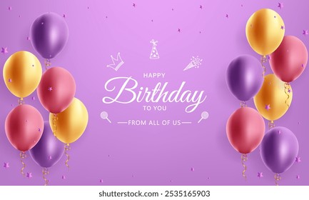 Happy Birthday Balloons Vector Background Design. Happy Birthday to You Text with Colorful Balloons and Confetti Decoration Elements, Birthday Celebration Greeting Cards. Design template for birthday