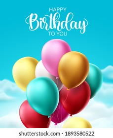 Happy birthday balloons vector design. Birthday text with colorful bunch of flying balloon elements for birthday party celebrations and invitation card. Vector illustration 
