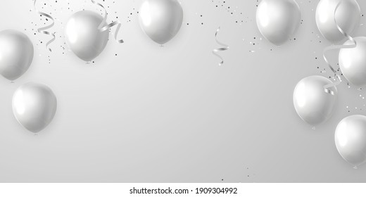 Happy Birthday balloons White celebration background with confetti.