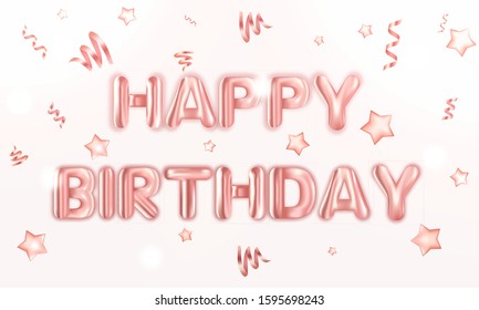 Happy Birthday banner balloon text. Realistic greeting card vector illustration. Confetti present postcard gift party text.