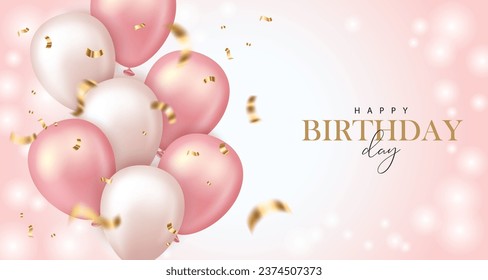 Happy Birthday banner with balloons and confetti on shiny background. Vector illustration for banner, poster, flyer, greeting card and advertisement.