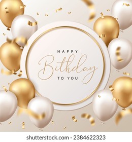 Happy Birthday banner with balloons and confetti on beige background. Vector illustration for banner, poster, flyer, greeting card and advertisement.