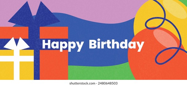 Happy birthday banner with balloons and gifts in minimalist style. Vector.