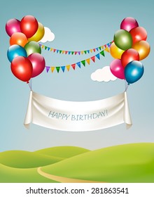 Happy Birthday Banner With Balloons. Vector.