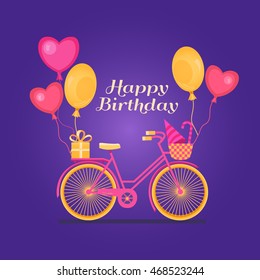 Happy Birthday banner with bike and balloons. Background for posters, postcards, invitation cards, web pages, covers, flyers. Template for design.