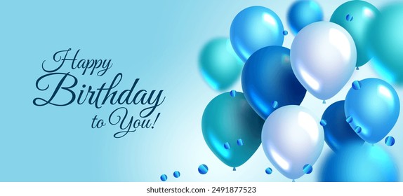 Happy Birthday banner with blue and white balloons. Perfect for party invitations, social media, and cards. Vector Illustration.