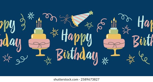 Happy birthday banner with cake candles and party decorations vector illustration