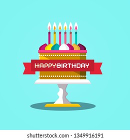 Happy Birthday Banner with Cake Vector Design on Blue Background