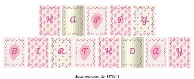 Happy birthday banner cards with srawberry in whimsical hand drawn style, wavy frames, green dots pattern and ink strawberry pattern.