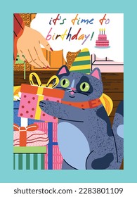 Happy Birthday banner. Cat in hat with gift boxes. Present and surprise. Design element for greeting and invitation postcard. Holiday and festival. Cartoon flat vector illustration