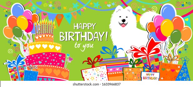 Happy Birthday Banner. Celebration green background with colorful gift boxes, candles, Birthday cake, balloons, garland  and place for your text. Horizontal banner. Greeting, invitation card or flyer