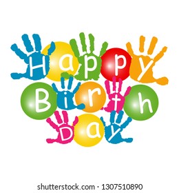 Happy birthday banner. Children's hand print, kid's handprint.  Poster, postcard, billboard, flags, letters, inscription, confetti on white background.