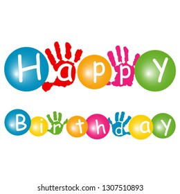 Happy birthday banner. Children's hand print, kid's handprint.  Poster, postcard, billboard, flags, letters, inscription, confetti on white background.