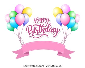 Banner feliz aniversário com balões coloridos e fita rosa para o espaço de nome. Ilustração vetorial.