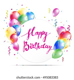 Happy Birthday banner with colorful balloons, ribbons and confetti. Vector illustration.