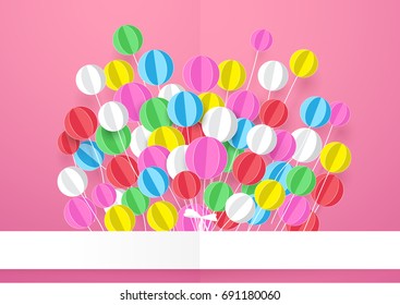 Happy Birthday. Banner with Colorful Balloons. Paper art and craft style