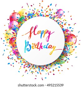 Happy Birthday banner with colorful confetti and balloons. Vector illustration.