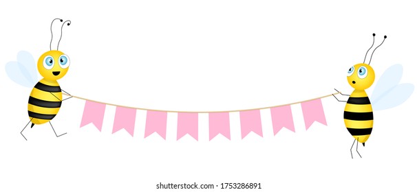 Happy birthday banner with colorful cute bees and flags isolated on white background. Holiday vector stock illustration. Baby celebration greeting and invitation card.