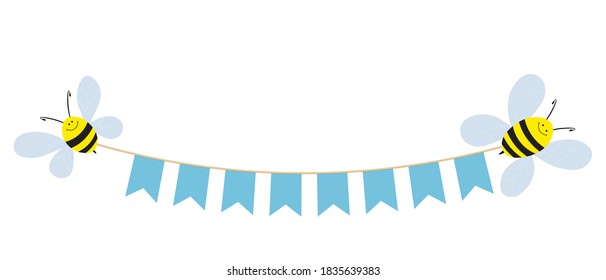 Happy birthday banner with colorful cute bees and flags isolated on white background. Holiday vector stock illustration. Baby celebration greeting and invitation card.