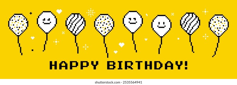 Happy Birthday banner. Cute ballon set. Event decoration design in pixel art. Party, carnival celebration horizontal background. Vector illustration. Y2k vintage pixel icons. Game abstract elements