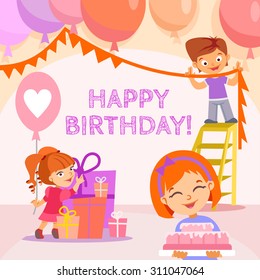 Happy birthday banner with cute cartoon kids celebrating. Vector illustration