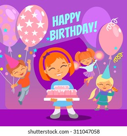 Happy birthday banner with cute children celebrating, party balloons, decorations and little girl holding cake. Vector illustration