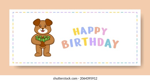 Happy Birthday banner with Cute dog cartoon character. Vector Illustration