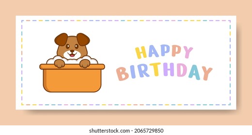 Happy Birthday banner with Cute dog cartoon character. Vector Illustration