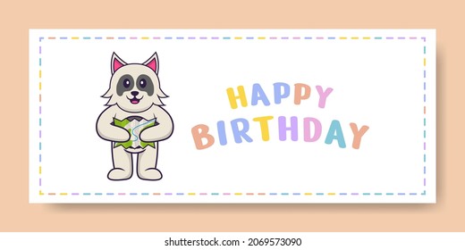 Happy Birthday banner with Cute dog cartoon character. Vector Illustration