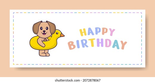 Happy Birthday banner with Cute dog cartoon character. Vector Illustration