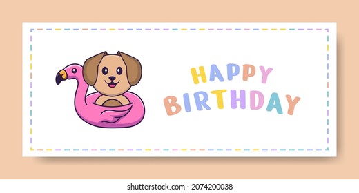 Happy Birthday banner with Cute dog cartoon character. Vector Illustration