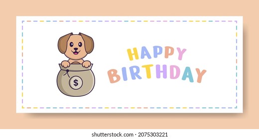 Happy Birthday banner with Cute dog cartoon character. Vector Illustration