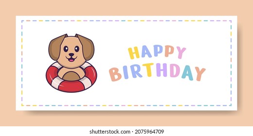 Happy Birthday banner with Cute dog cartoon character. Vector Illustration