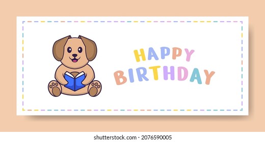 Happy Birthday banner with Cute dog cartoon character. Vector Illustration