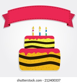 Happy Birthday banner decorated with a colorful cake. Red ribbon with empty space for writing text. Clean design. Clean birthday invitation