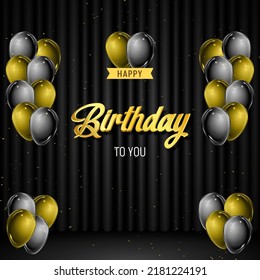 Happy Birthday banner design with balloons confetti and curtain illustration on black background