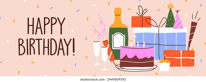 Happy birthday banner design with cake, gift and champagne bottle. Festive background, horizontal holiday card with confetti, party hats, firecrackers and bday presents. Flat vector illustration