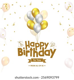 Happy Birthday banner design featuring 'Happy Birthday to You' text with Balloons,  and Confetti Decorations on white background. Ideal for Birthday Celebration ,Greeting Cards and HBD Invitations