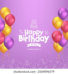 Happy Birthday banner design featuring 'Happy Birthday to You' text with colorful Balloons and fun elements on Pink background. Ideal for Birthday Celebration ,Greeting Cards and HBD Invitations