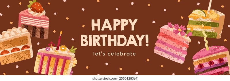 Happy birthday, banner design with festive cake pieces. B-day celebration party, horizontal background with desserts, confectionery. Celebrating bday, anniversary backdrop. Flat vector illustration