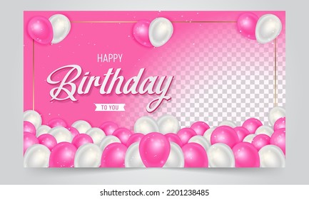 Happy birthday banner design with pink and white balloons illustration on gradient background design