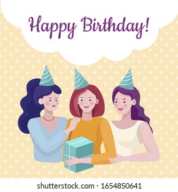 Happy birthday banner design template. Smiling girls giving present to friend. Young women celebrating birthday, congratulating friend during party, offering gift vector flat illustration.