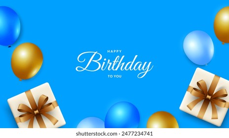 Happy birthday banner. Festive birthday design with realistic gold and blue balloons, gift boxes. Vector illustration