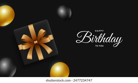 Happy birthday banner. Festive birthday design with realistic gold and black balloons, gift box. Vector illustration