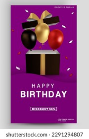 Cartel de cumpleaños feliz. Ilustración festiva con caja de regalo, globos negros, dorados y rojos, confeti. Útil para venta de banners, presentación, invitación, historias, streaming.