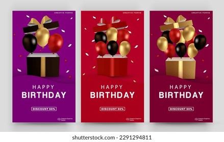 Happy Birthday banner. Festive illustration with gift box, black, gold and red balloons, confetti. Useful for banner sale, presentation, invitation, stories, streaming.