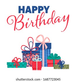 Happy Birthday banner with flat colorful gift boxes and lettering on a white background. Easy to use and a one-click recolor vector design.