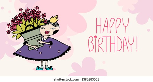 Happy birthday banner with girl and bouquet of rose flowers