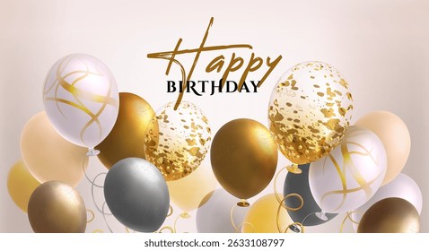 Happy birthday banner gold and white balloons on pastel background. Festive 3d realistic bunch of glossy textured balloons with golden decor. Luxury celebration party decor, holiday template design.