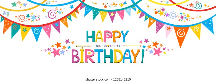 Happy Birthday Banner. Greeting card. Celebration white background with colorful flags, star and place for your text. Horizontal banner. Greeting, invitation card or flyer. Vector Illustration